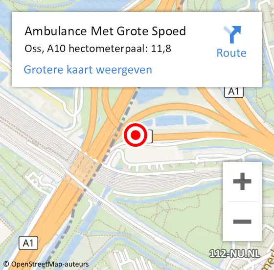 Locatie op kaart van de 112 melding: Ambulance Met Grote Spoed Naar Oss, A10 hectometerpaal: 11,8 op 2 juni 2023 08:03