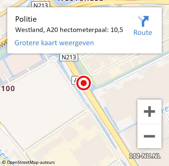 Locatie op kaart van de 112 melding: Politie Westland, A20 hectometerpaal: 10,5 op 2 juni 2023 10:42