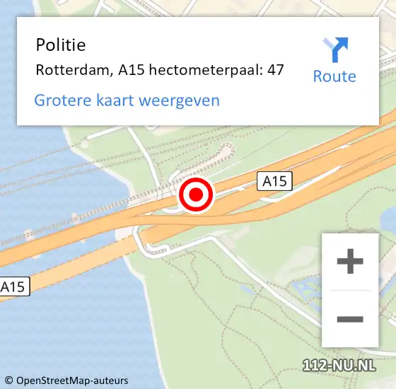 Locatie op kaart van de 112 melding: Politie Rotterdam, A15 hectometerpaal: 47 op 2 juni 2023 10:44