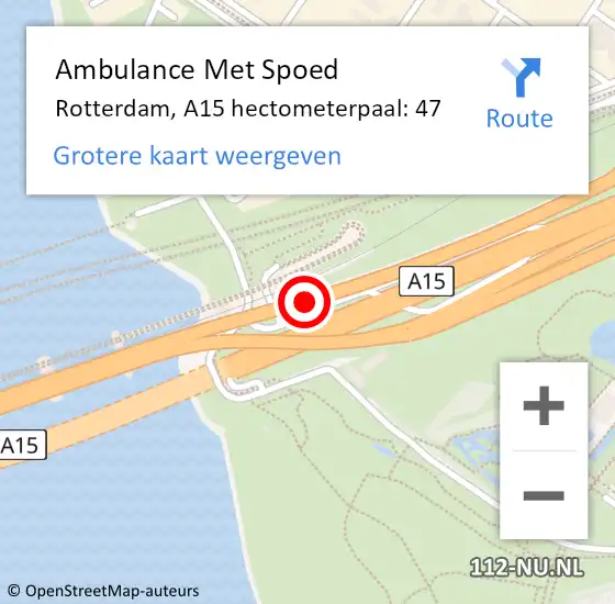 Locatie op kaart van de 112 melding: Ambulance Met Spoed Naar Rotterdam, A15 hectometerpaal: 47 op 2 juni 2023 10:44