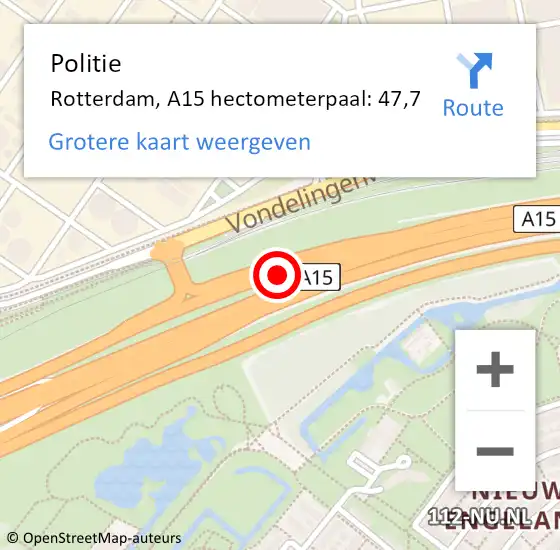 Locatie op kaart van de 112 melding: Politie Rotterdam, A15 hectometerpaal: 47,7 op 2 juni 2023 10:45