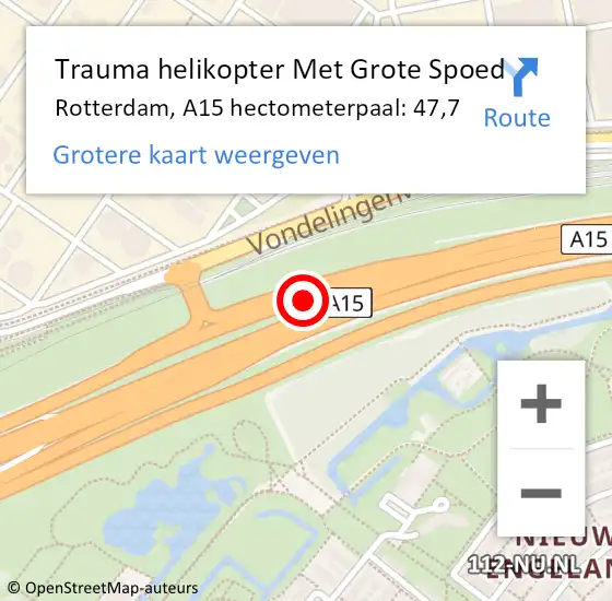Locatie op kaart van de 112 melding: Trauma helikopter Met Grote Spoed Naar Rotterdam, A15 hectometerpaal: 47,7 op 2 juni 2023 10:45