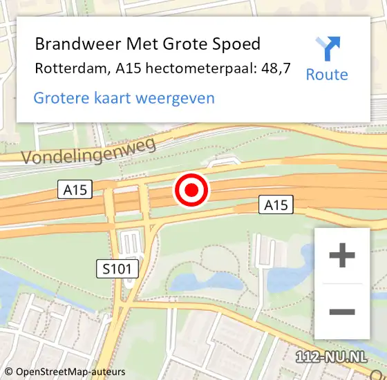 Locatie op kaart van de 112 melding: Brandweer Met Grote Spoed Naar Rotterdam, A15 hectometerpaal: 48,7 op 2 juni 2023 10:54