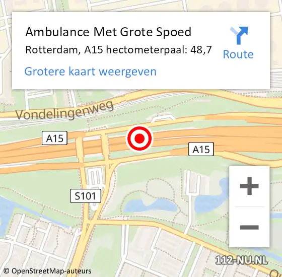 Locatie op kaart van de 112 melding: Ambulance Met Grote Spoed Naar Rotterdam, A15 hectometerpaal: 48,7 op 2 juni 2023 10:54