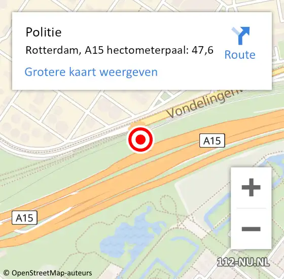 Locatie op kaart van de 112 melding: Politie Rotterdam, A15 hectometerpaal: 47,6 op 2 juni 2023 10:56