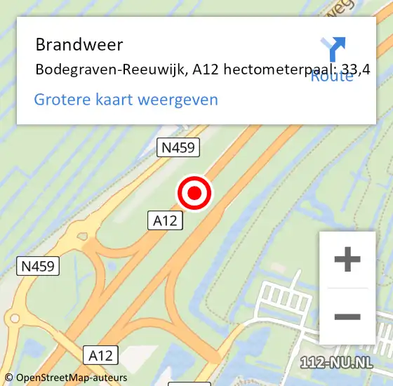 Locatie op kaart van de 112 melding: Brandweer Bodegraven-Reeuwijk, A12 hectometerpaal: 33,4 op 2 juni 2023 11:07