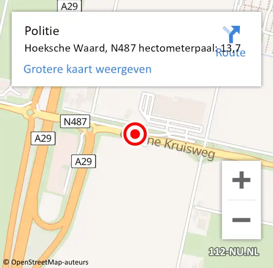Locatie op kaart van de 112 melding: Politie Hoeksche Waard, N487 hectometerpaal: 13,7 op 2 juni 2023 11:38