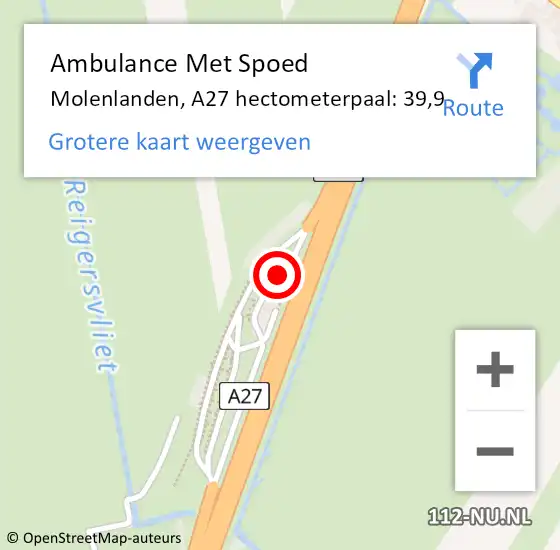 Locatie op kaart van de 112 melding: Ambulance Met Spoed Naar Molenlanden, A27 hectometerpaal: 39,9 op 2 juni 2023 11:52