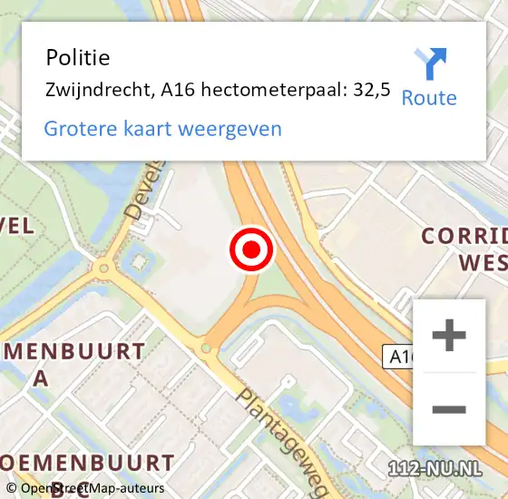 Locatie op kaart van de 112 melding: Politie Zwijndrecht, A16 hectometerpaal: 32,5 op 2 juni 2023 12:31