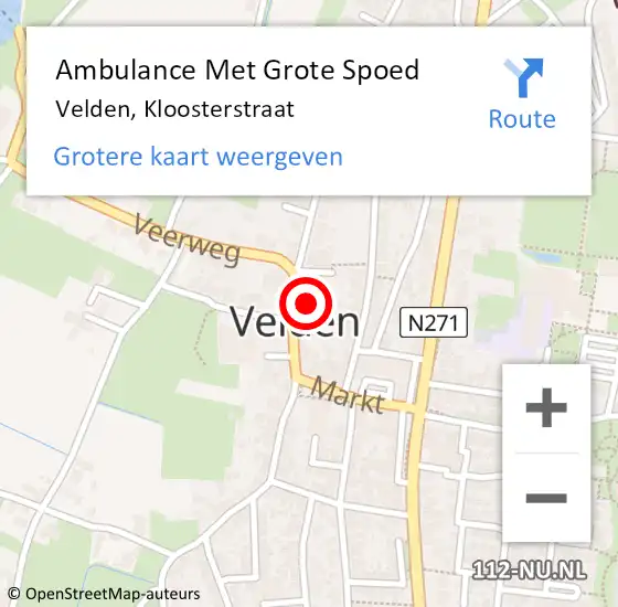 Locatie op kaart van de 112 melding: Ambulance Met Grote Spoed Naar Velden, Kloosterstraat op 2 juni 2023 14:21