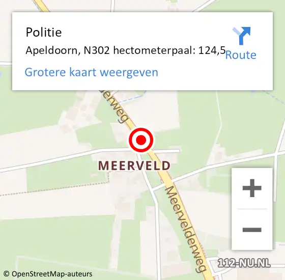 Locatie op kaart van de 112 melding: Politie Apeldoorn, N302 hectometerpaal: 124,5 op 2 juni 2023 14:43
