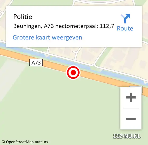 Locatie op kaart van de 112 melding: Politie Beuningen, A73 hectometerpaal: 112,7 op 2 juni 2023 15:44