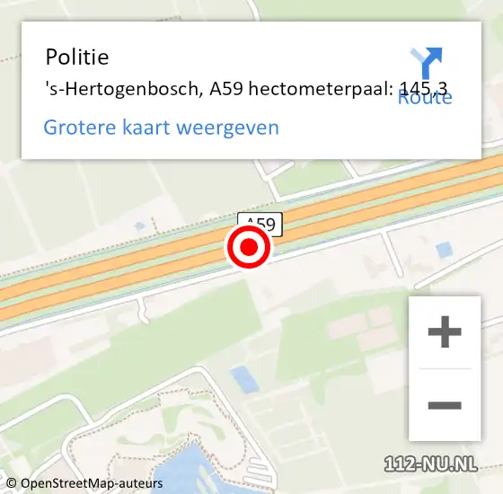 Locatie op kaart van de 112 melding: Politie 's-Hertogenbosch, A59 hectometerpaal: 145,3 op 2 juni 2023 16:15