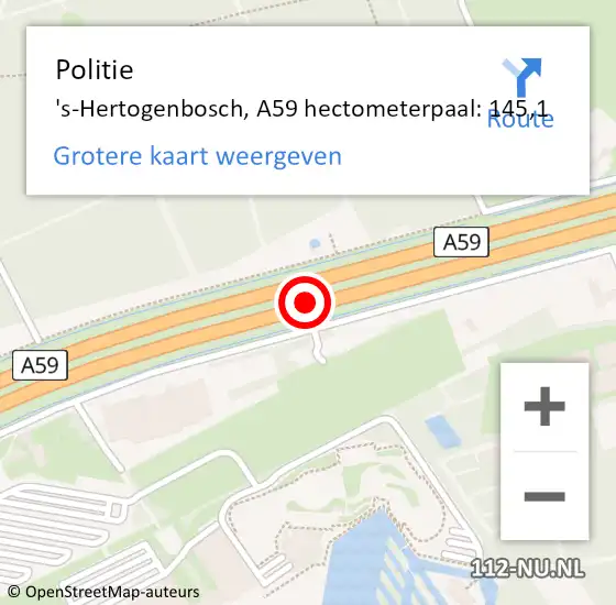 Locatie op kaart van de 112 melding: Politie 's-Hertogenbosch, A59 hectometerpaal: 145,1 op 2 juni 2023 16:16