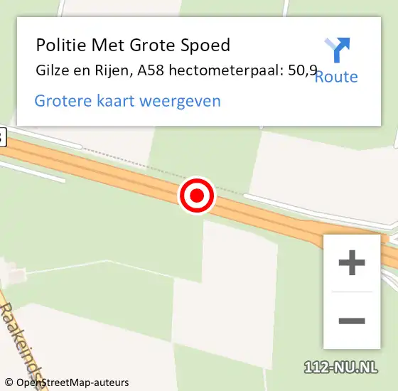 Locatie op kaart van de 112 melding: Politie Met Grote Spoed Naar Gilze en Rijen, A58 hectometerpaal: 50,9 op 2 juni 2023 16:26