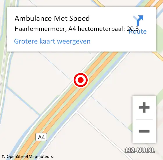 Locatie op kaart van de 112 melding: Ambulance Met Spoed Naar Haarlemmermeer, A4 hectometerpaal: 20,3 op 2 juni 2023 16:37