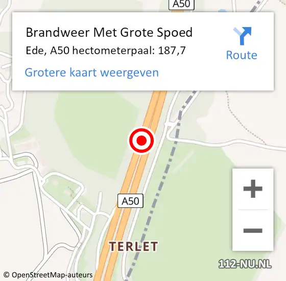 Locatie op kaart van de 112 melding: Brandweer Met Grote Spoed Naar Ede, A50 hectometerpaal: 187,7 op 2 juni 2023 17:21