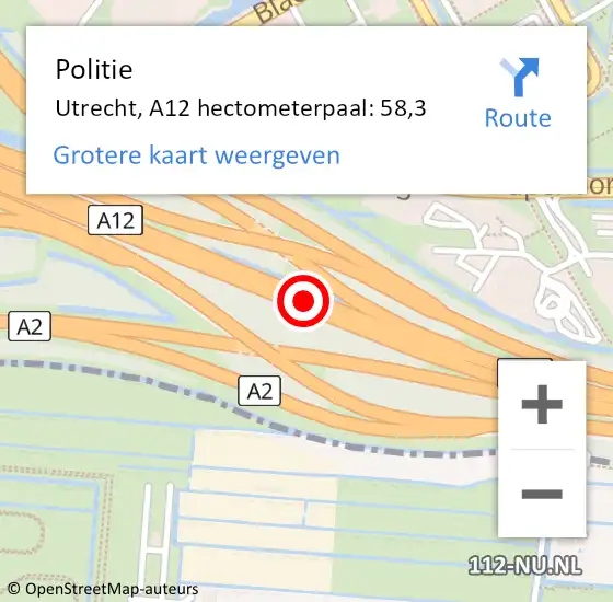 Locatie op kaart van de 112 melding: Politie Utrecht, A12 hectometerpaal: 58,3 op 2 juni 2023 17:54