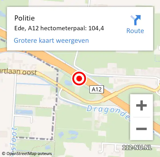 Locatie op kaart van de 112 melding: Politie Ede, A12 hectometerpaal: 104,4 op 2 juni 2023 18:17