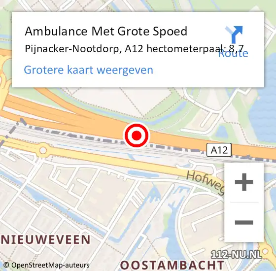 Locatie op kaart van de 112 melding: Ambulance Met Grote Spoed Naar Pijnacker-Nootdorp, A12 hectometerpaal: 8,7 op 2 juni 2023 18:33
