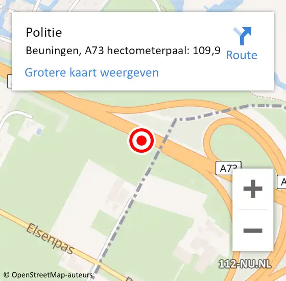 Locatie op kaart van de 112 melding: Politie Beuningen, A73 hectometerpaal: 109,9 op 2 juni 2023 18:49