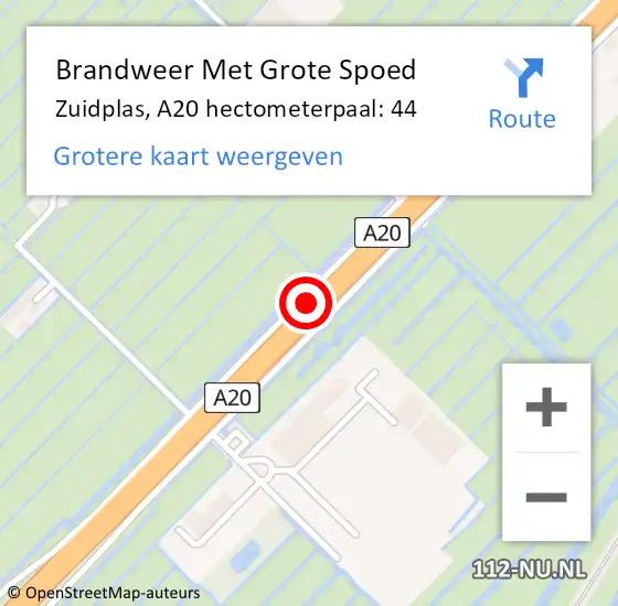 Locatie op kaart van de 112 melding: Brandweer Met Grote Spoed Naar Zuidplas, A20 hectometerpaal: 44 op 2 juni 2023 20:47