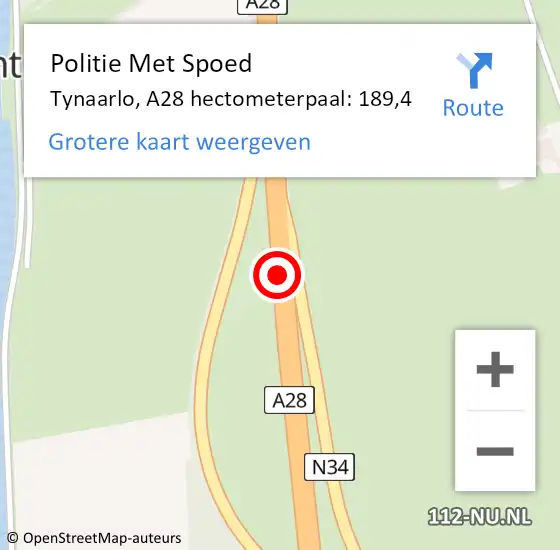 Locatie op kaart van de 112 melding: Politie Met Spoed Naar Tynaarlo, A28 hectometerpaal: 189,4 op 3 juni 2023 07:31