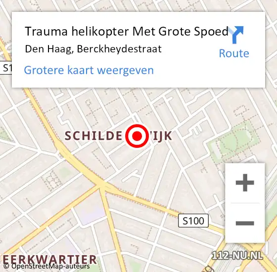 Locatie op kaart van de 112 melding: Trauma helikopter Met Grote Spoed Naar Den Haag, Berckheydestraat op 3 juni 2023 07:40