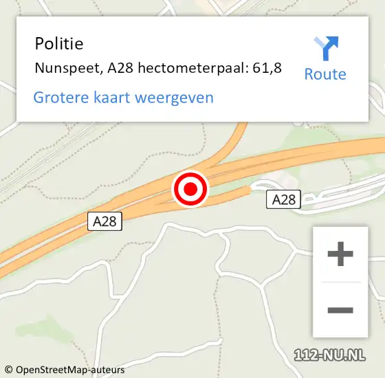 Locatie op kaart van de 112 melding: Politie Nunspeet, A28 hectometerpaal: 61,8 op 3 juni 2023 07:42