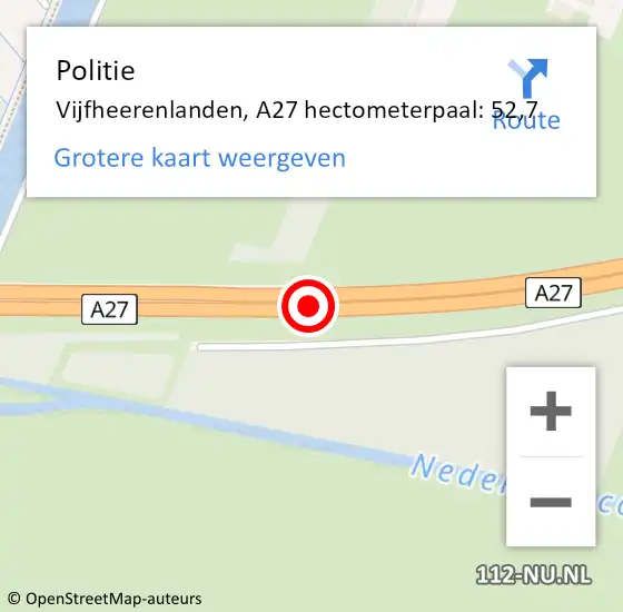 Locatie op kaart van de 112 melding: Politie Vijfheerenlanden, A27 hectometerpaal: 52,7 op 3 juni 2023 09:42