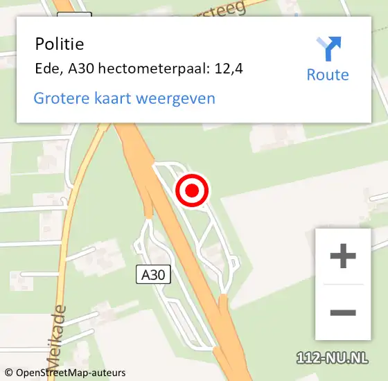 Locatie op kaart van de 112 melding: Politie Ede, A30 hectometerpaal: 12,4 op 3 juni 2023 10:20