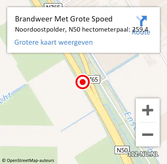 Locatie op kaart van de 112 melding: Brandweer Met Grote Spoed Naar Noordoostpolder, N50 hectometerpaal: 259,4 op 3 juni 2023 15:27