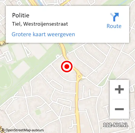 Locatie op kaart van de 112 melding: Politie Tiel, Westroijensestraat op 3 juni 2023 15:49