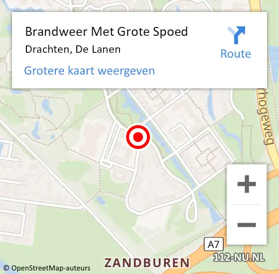 Locatie op kaart van de 112 melding: Brandweer Met Grote Spoed Naar Drachten, De Lanen op 3 juni 2023 17:36