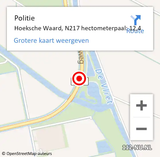 Locatie op kaart van de 112 melding: Politie Hoeksche Waard, N217 hectometerpaal: 12,4 op 3 juni 2023 19:06