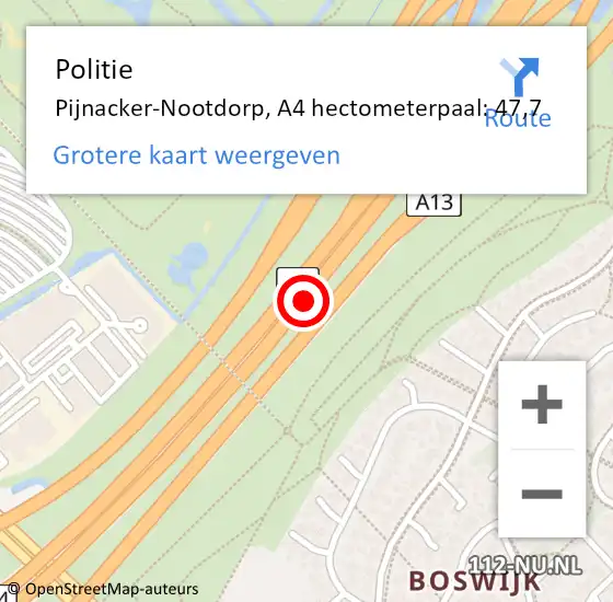 Locatie op kaart van de 112 melding: Politie Pijnacker-Nootdorp, A4 hectometerpaal: 47,7 op 3 juni 2023 19:13