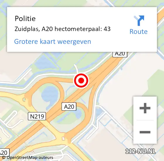 Locatie op kaart van de 112 melding: Politie Zuidplas, A20 hectometerpaal: 43 op 3 juni 2023 20:56