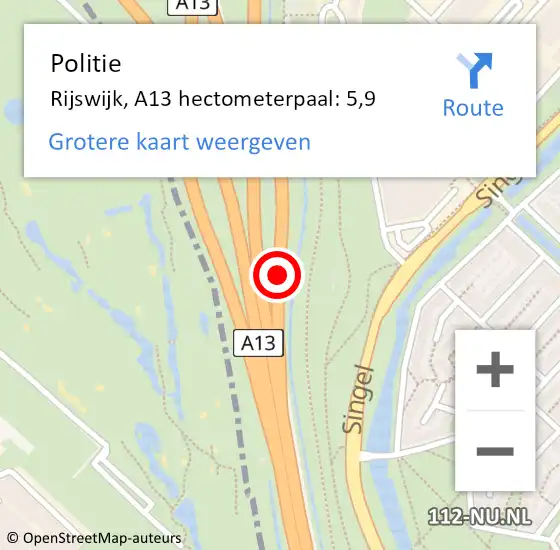 Locatie op kaart van de 112 melding: Politie Rijswijk, A13 hectometerpaal: 5,9 op 3 juni 2023 21:01