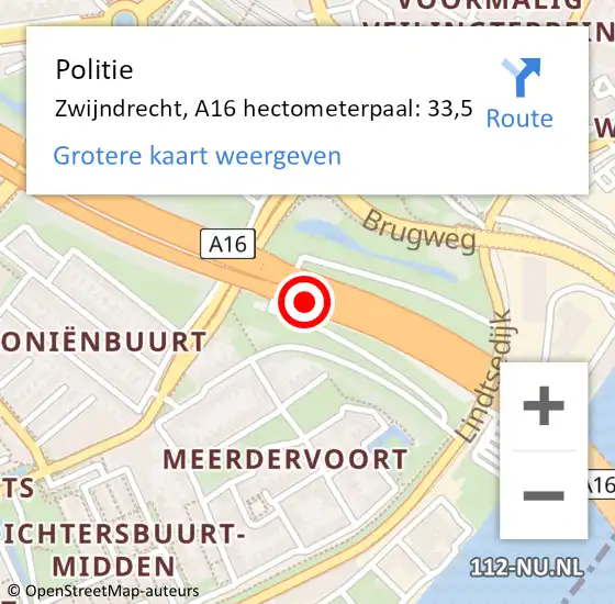 Locatie op kaart van de 112 melding: Politie Zwijndrecht, A16 hectometerpaal: 33,5 op 3 juni 2023 21:10