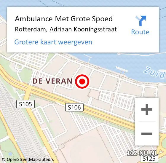 Locatie op kaart van de 112 melding: Ambulance Met Grote Spoed Naar Rotterdam, Adriaan Kooningsstraat op 3 juni 2023 22:33