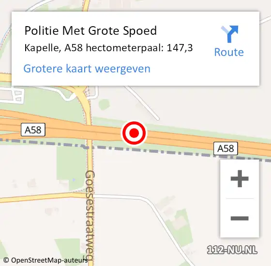 Locatie op kaart van de 112 melding: Politie Met Grote Spoed Naar Kapelle, A58 hectometerpaal: 147,3 op 3 juni 2023 23:26