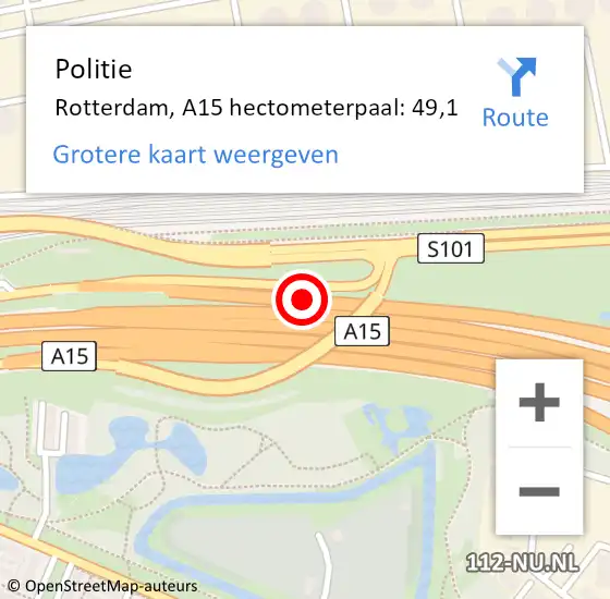 Locatie op kaart van de 112 melding: Politie Rotterdam, A15 hectometerpaal: 49,1 op 3 juni 2023 23:49