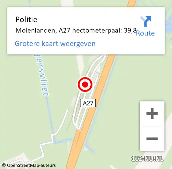 Locatie op kaart van de 112 melding: Politie Molenlanden, A27 hectometerpaal: 39,8 op 4 juni 2023 01:20