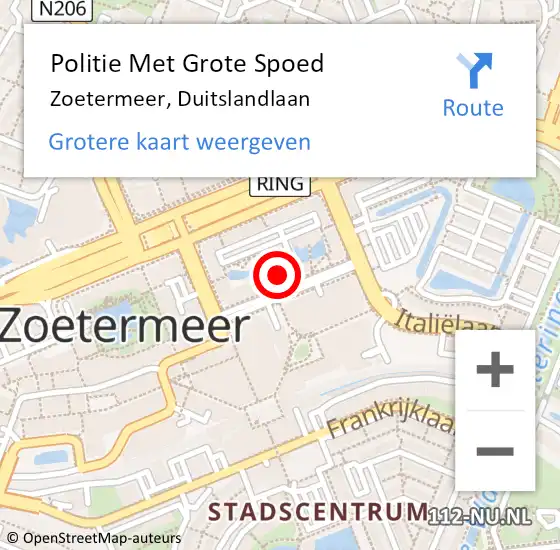 Locatie op kaart van de 112 melding: Politie Met Grote Spoed Naar Zoetermeer, Duitslandlaan op 4 juni 2023 01:35