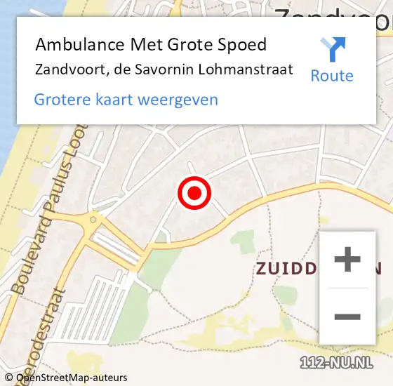 Locatie op kaart van de 112 melding: Ambulance Met Grote Spoed Naar Zandvoort, de Savornin Lohmanstraat op 4 juni 2023 03:47