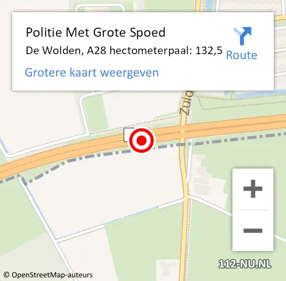 Locatie op kaart van de 112 melding: Politie Met Grote Spoed Naar De Wolden, A28 hectometerpaal: 132,5 op 4 juni 2023 04:25