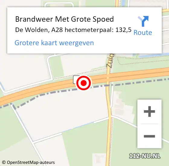 Locatie op kaart van de 112 melding: Brandweer Met Grote Spoed Naar De Wolden, A28 hectometerpaal: 132,5 op 4 juni 2023 04:26