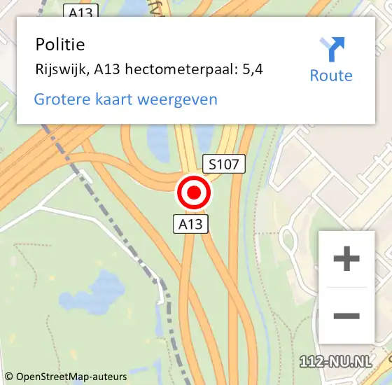 Locatie op kaart van de 112 melding: Politie Rijswijk, A13 hectometerpaal: 5,4 op 4 juni 2023 09:34