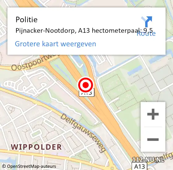 Locatie op kaart van de 112 melding: Politie Pijnacker-Nootdorp, A13 hectometerpaal: 9,5 op 4 juni 2023 09:53