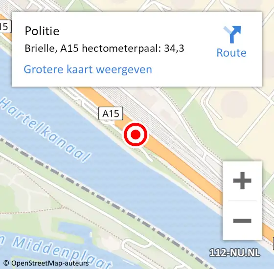 Locatie op kaart van de 112 melding: Politie Brielle, A15 hectometerpaal: 34,3 op 4 juni 2023 11:39